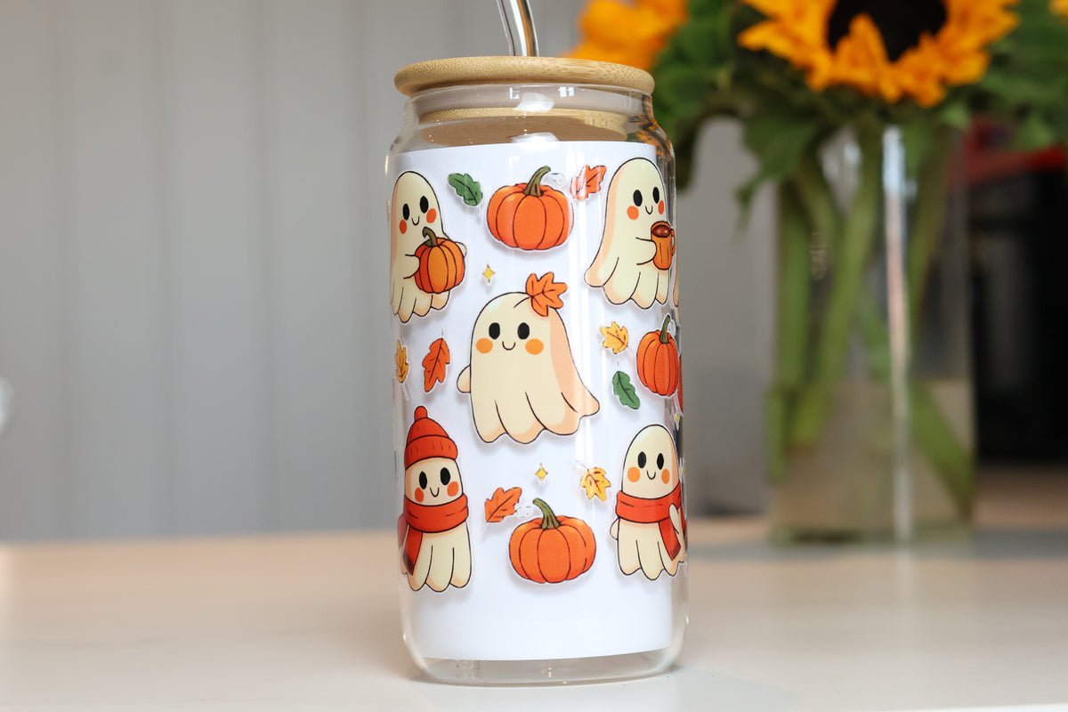 Cosy Pumpkin & Ghost Glass Tumbler | Autumn Iced Coffee Cup