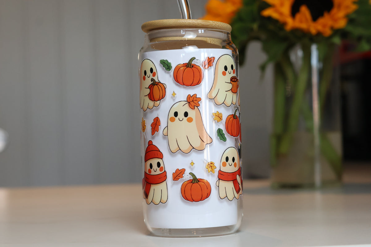 Cosy Pumpkin & Ghost Glass Tumbler | Autumn Iced Coffee Cup