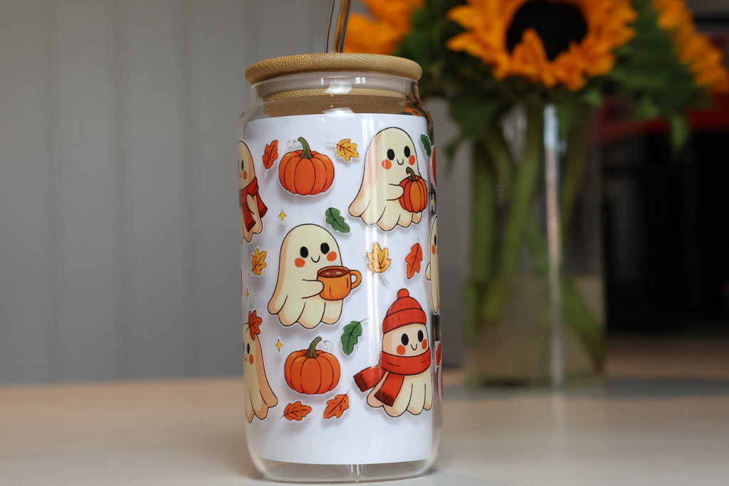 Cosy Pumpkin & Ghost Glass Tumbler | Autumn Iced Coffee Cup