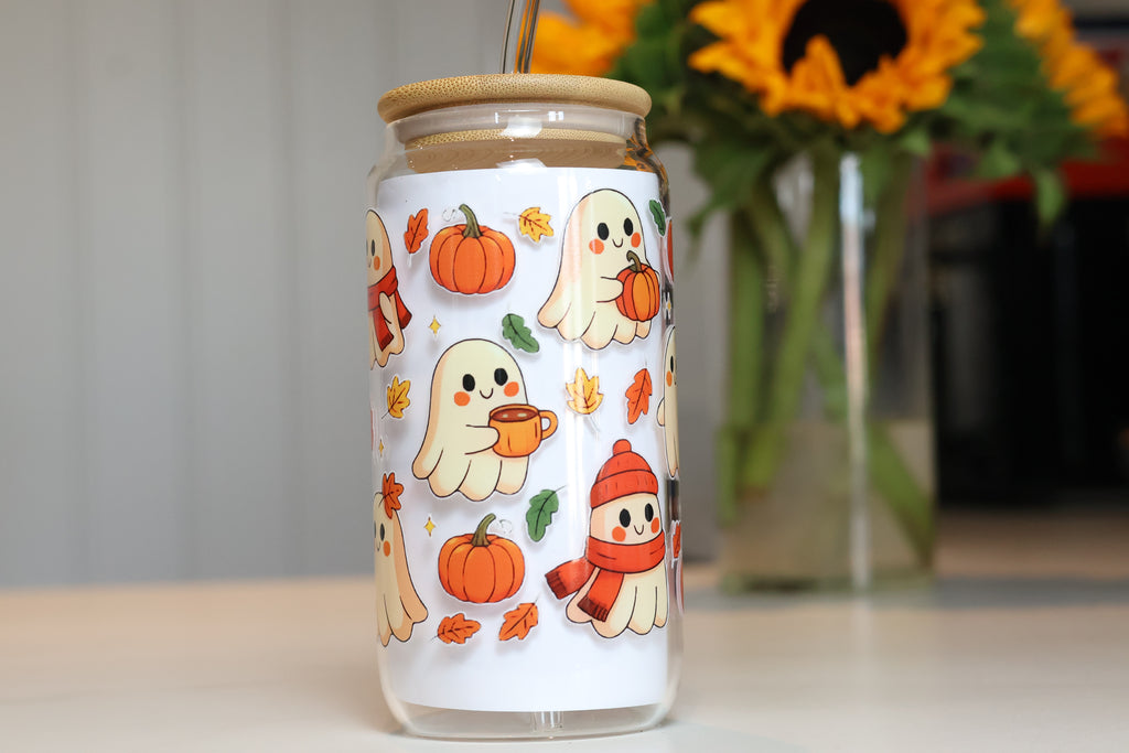 Cosy Pumpkin & Ghost Glass Tumbler | Autumn Iced Coffee Cup