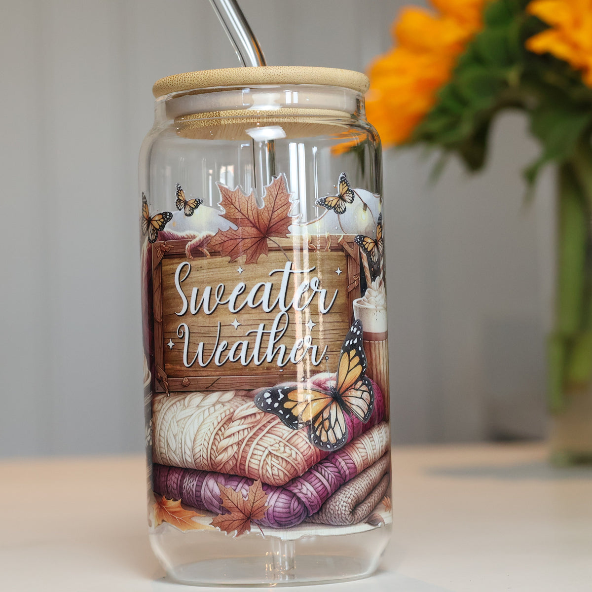 Sweater Weather Autumn Glass Tumbler | Cozy Fall Iced Coffee Cup