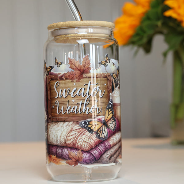 Sweater Weather Autumn Glass Tumbler | Cozy Fall Iced Coffee Cup