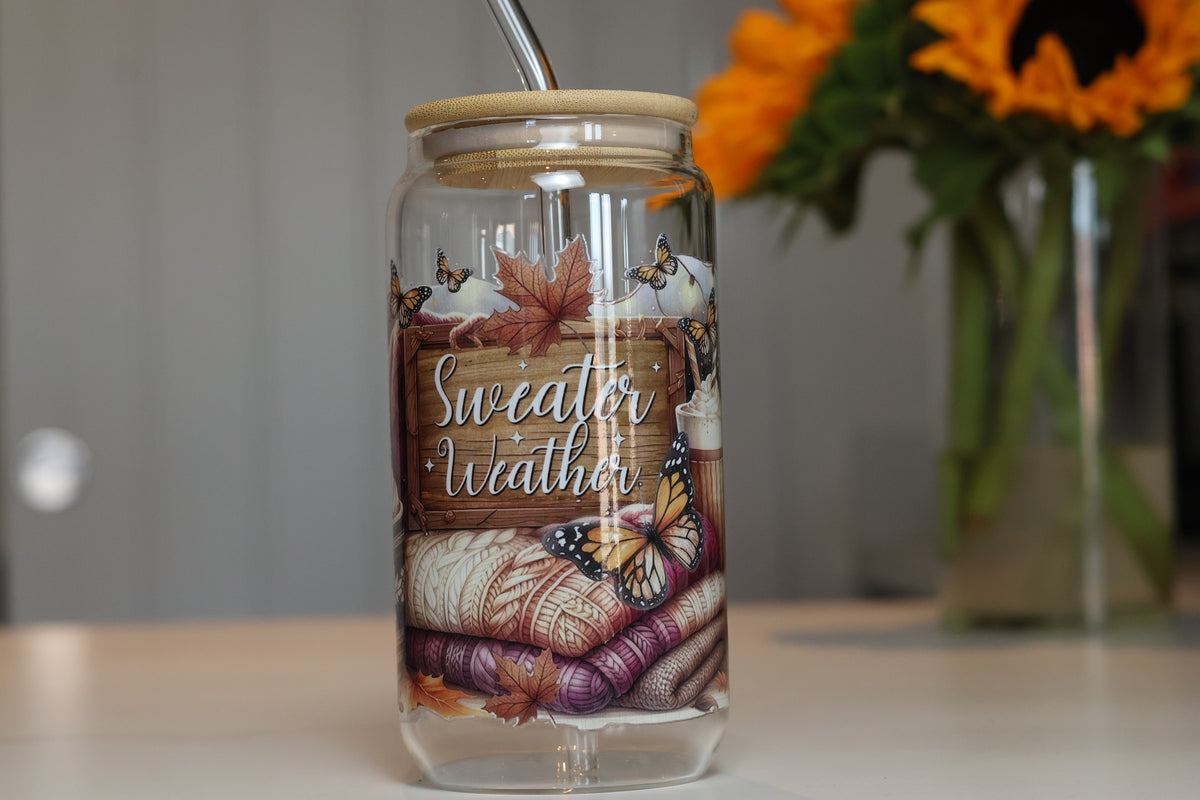 Sweater Weather Autumn Glass Tumbler | Cozy Fall Iced Coffee Cup