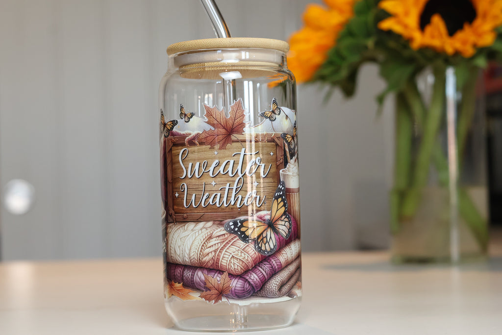 Sweater Weather Autumn Glass Tumbler | Cozy Fall Iced Coffee Cup