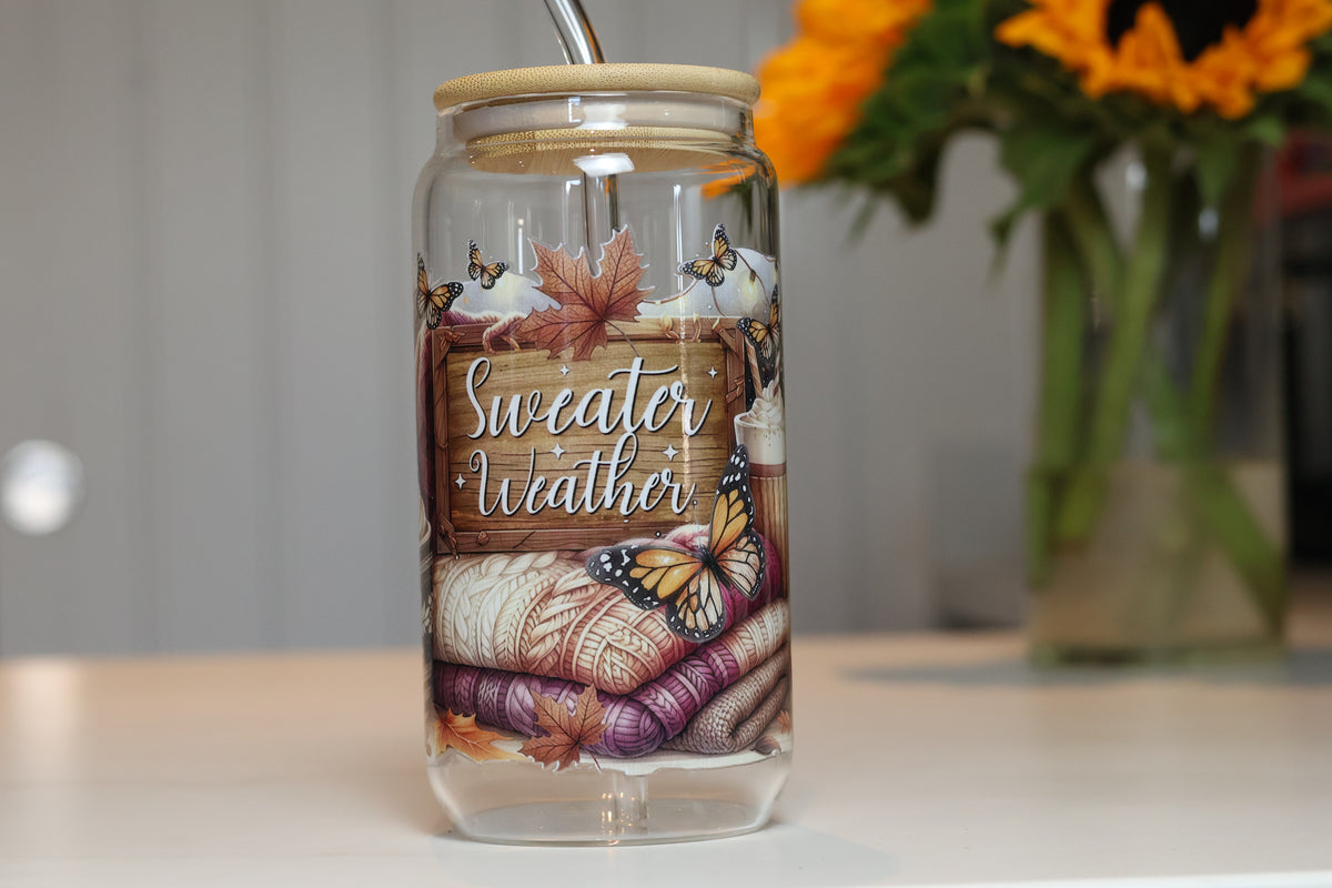 Sweater Weather Autumn Glass Tumbler | Cozy Fall Iced Coffee Cup