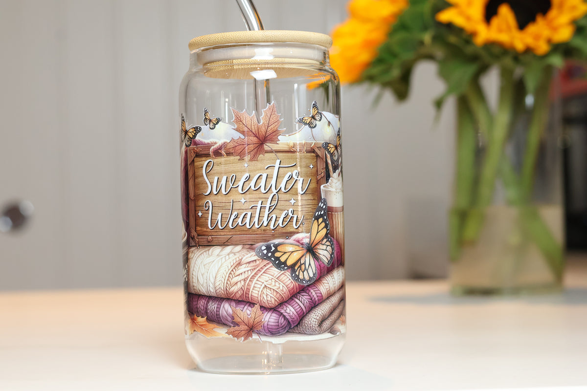 Sweater Weather Autumn Glass Tumbler | Cozy Fall Iced Coffee Cup