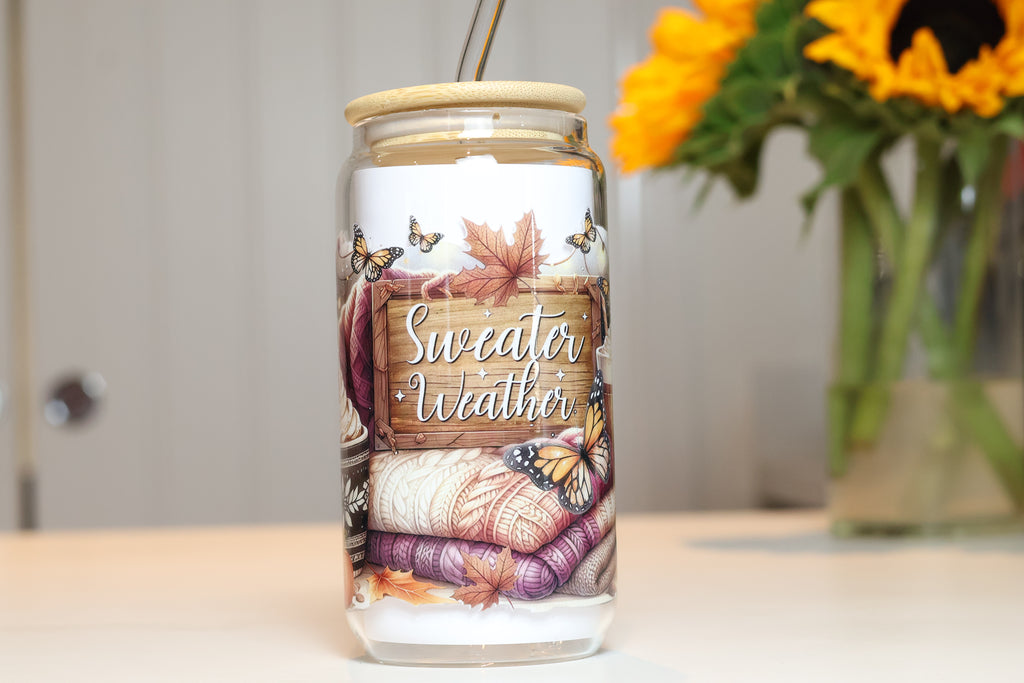 Sweater Weather Autumn Glass Tumbler | Cozy Fall Iced Coffee Cup