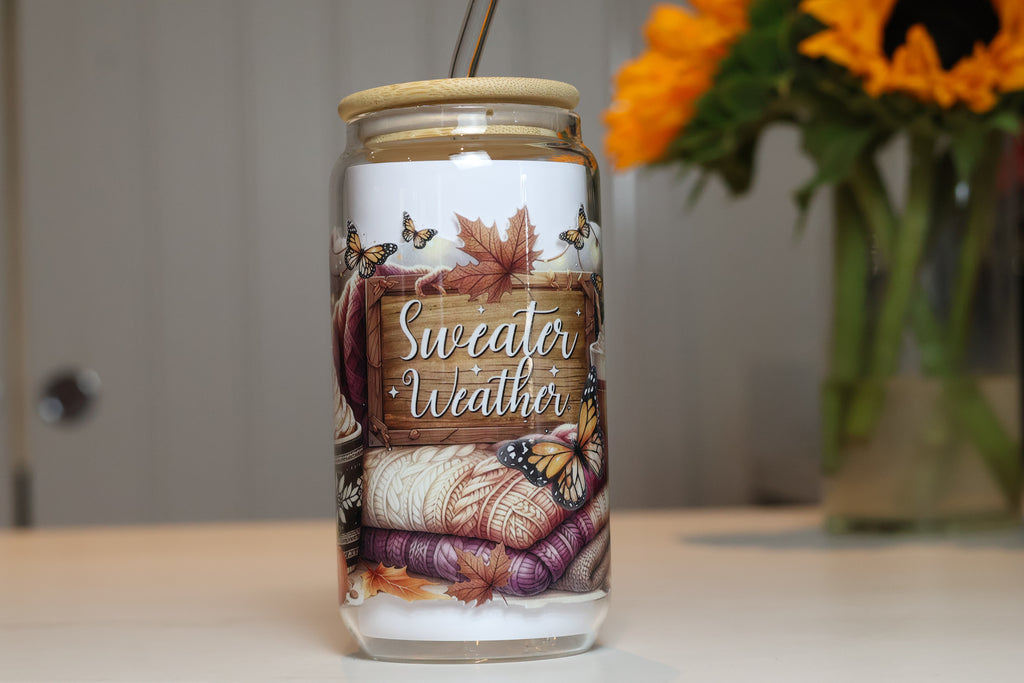 Sweater Weather Autumn Glass Tumbler | Cozy Fall Iced Coffee Cup