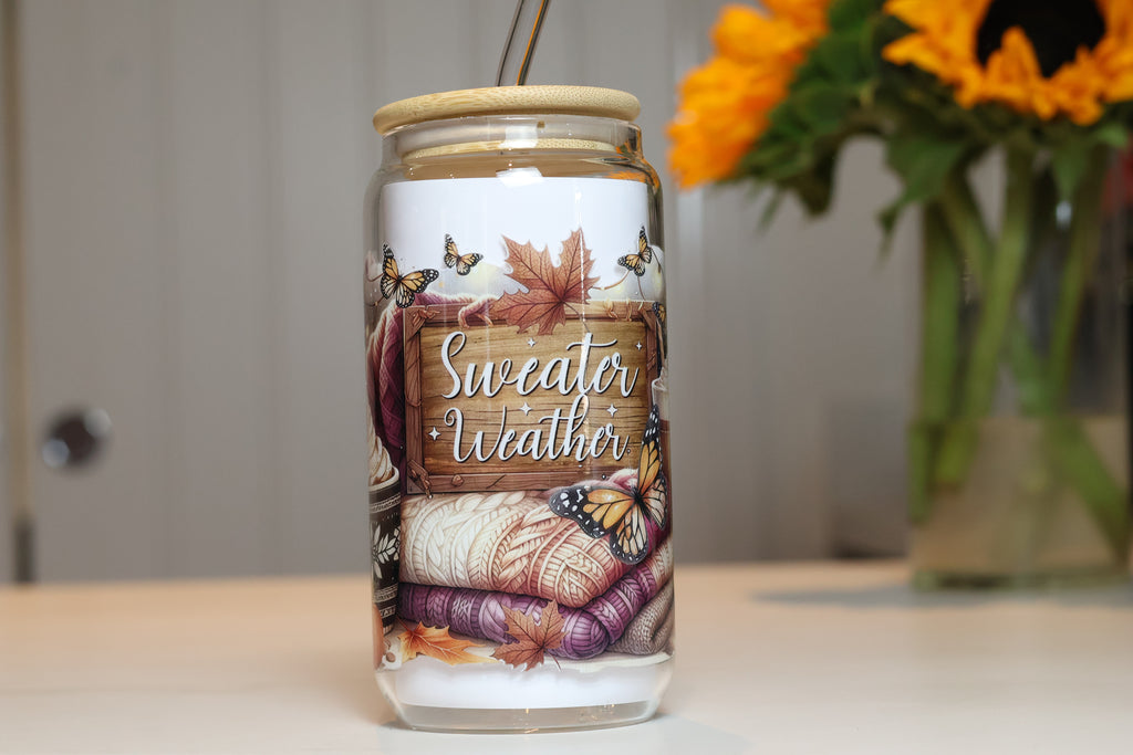 Sweater Weather Autumn Glass Tumbler | Cozy Fall Iced Coffee Cup