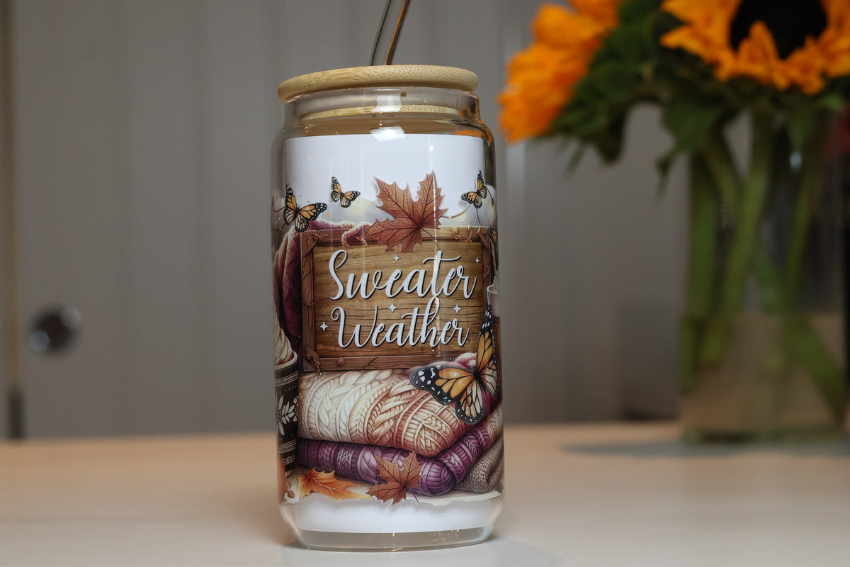 Sweater Weather Autumn Glass Tumbler | Cozy Fall Iced Coffee Cup