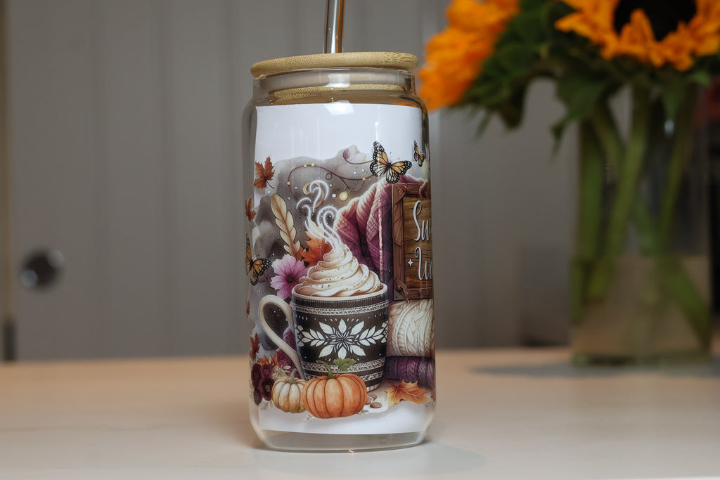 Sweater Weather Autumn Glass Tumbler | Cozy Fall Iced Coffee Cup