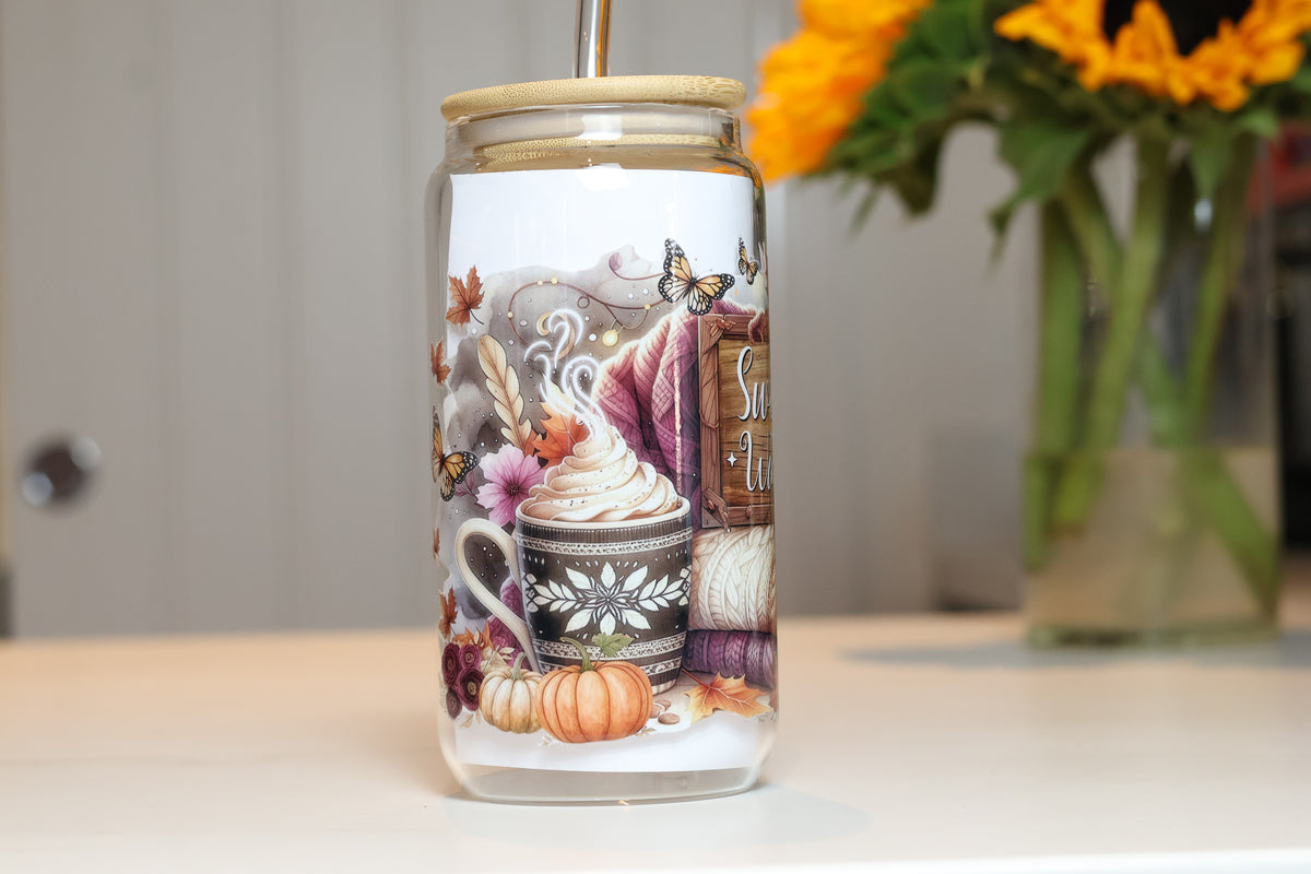 Sweater Weather Autumn Glass Tumbler | Cozy Fall Iced Coffee Cup