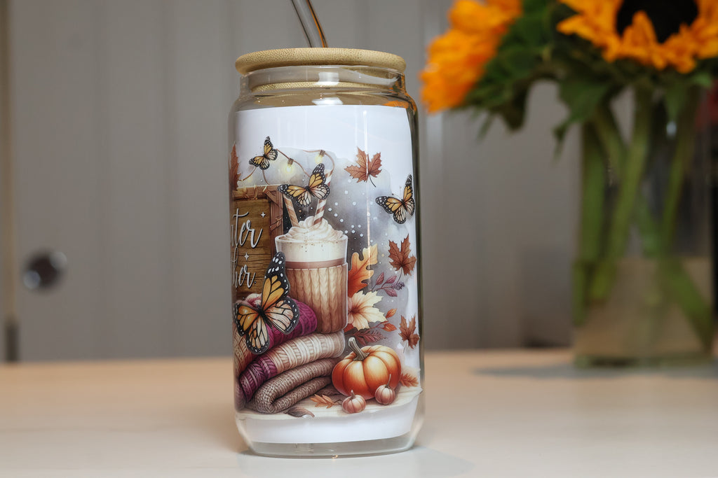 Sweater Weather Autumn Glass Tumbler | Cozy Fall Iced Coffee Cup
