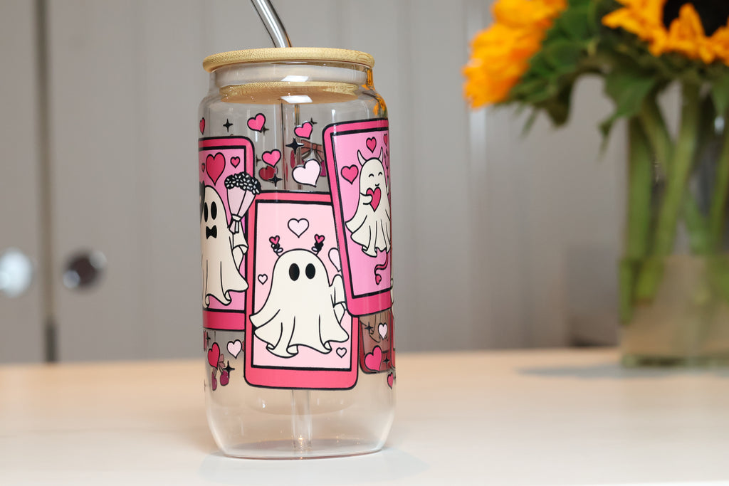 Pink Ghost Tarot Card Glass Tumbler | Cute Pastel Halloween Drinkware