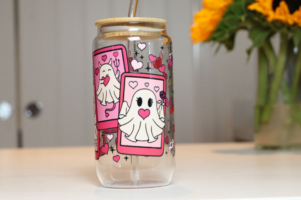 Pink Ghost Tarot Card Glass Tumbler | Cute Pastel Halloween Drinkware
