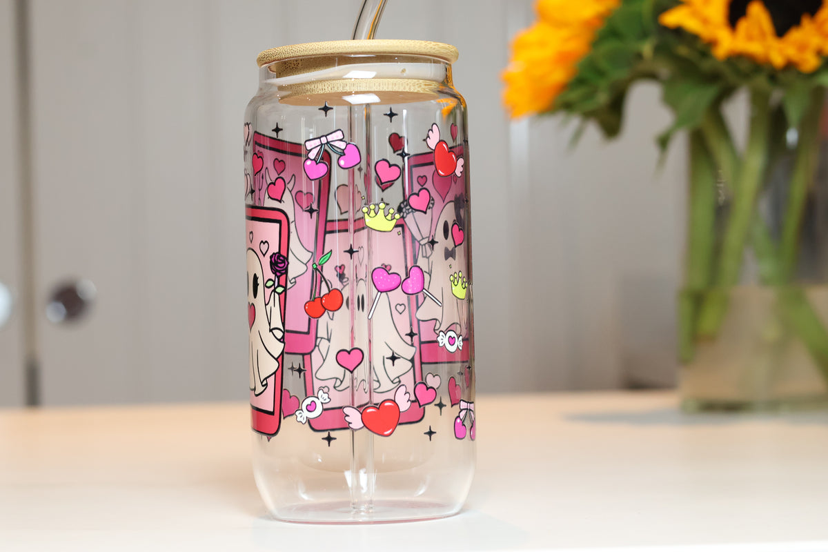 Pink Ghost Tarot Card Glass Tumbler | Cute Pastel Halloween Drinkware