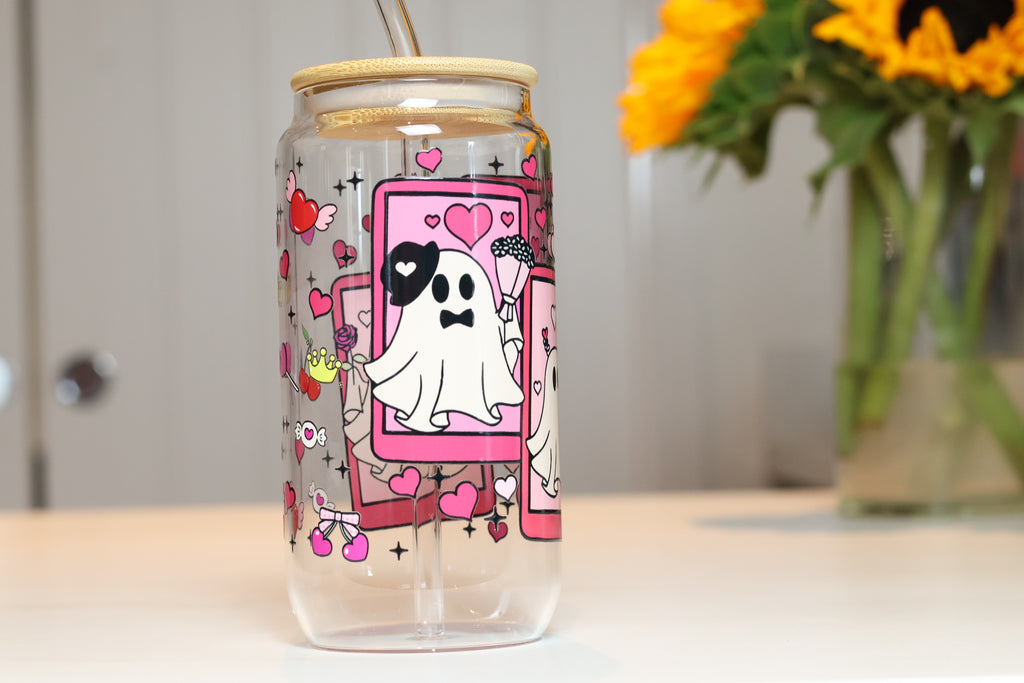 Pink Ghost Tarot Card Glass Tumbler | Cute Pastel Halloween Drinkware