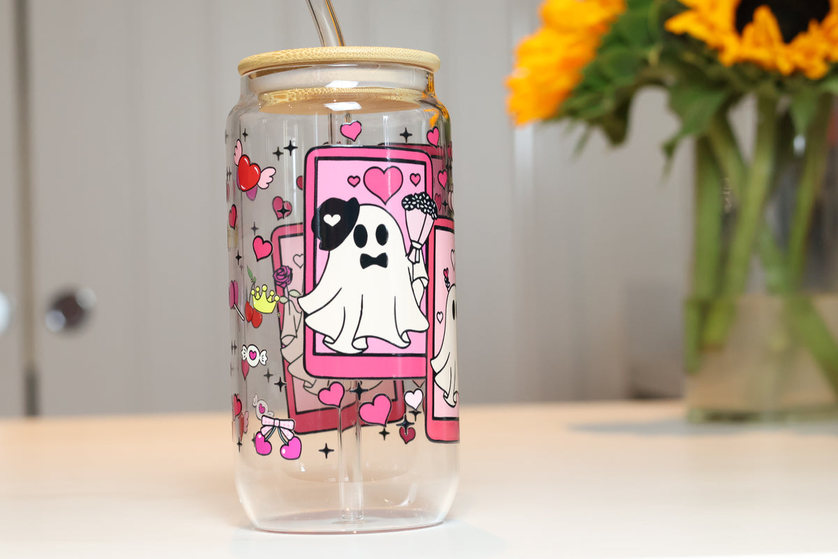 Pink Ghost Tarot Card Glass Tumbler | Cute Pastel Halloween Drinkware