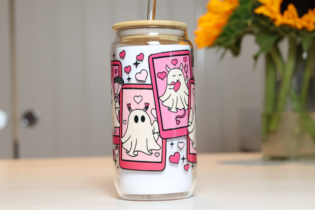 Pink Ghost Tarot Card Glass Tumbler | Cute Pastel Halloween Drinkware