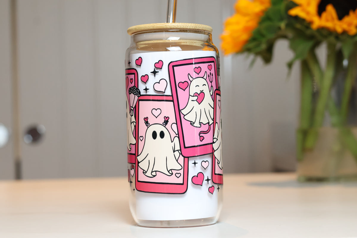 Pink Ghost Tarot Card Glass Tumbler | Cute Pastel Halloween Drinkware