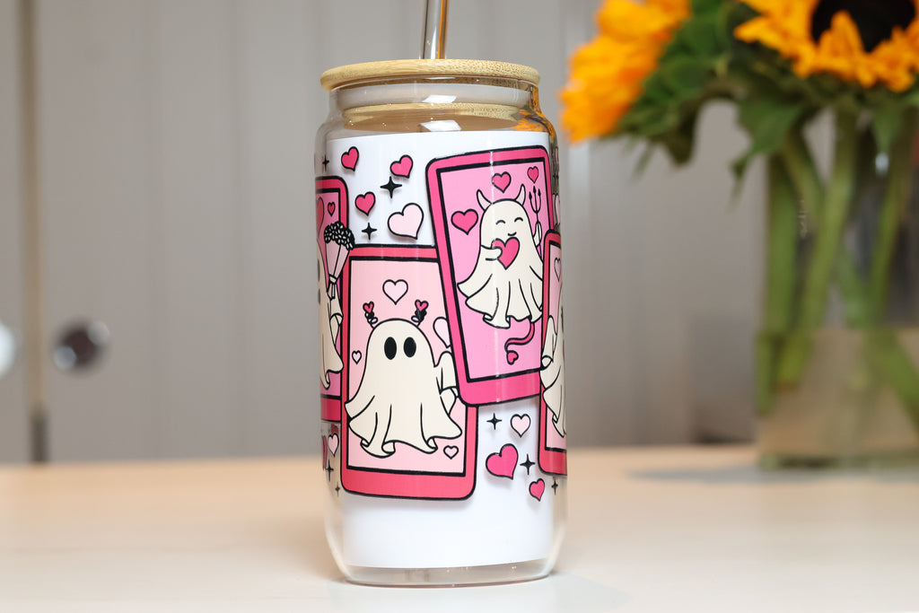 Pink Ghost Tarot Card Glass Tumbler | Cute Pastel Halloween Drinkware