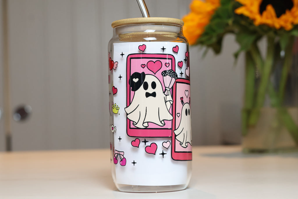 Pink Ghost Tarot Card Glass Tumbler | Cute Pastel Halloween Drinkware
