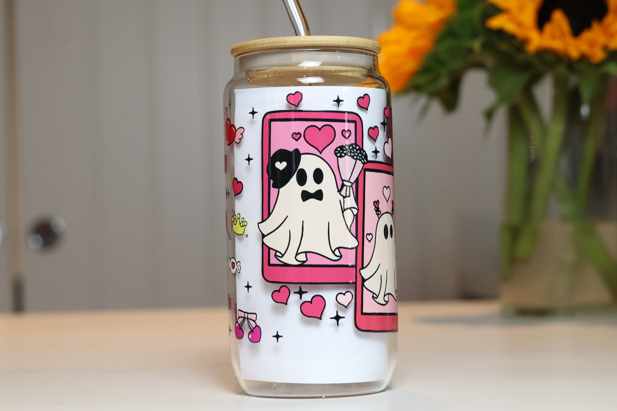 Pink Ghost Tarot Card Glass Tumbler | Cute Pastel Halloween Drinkware