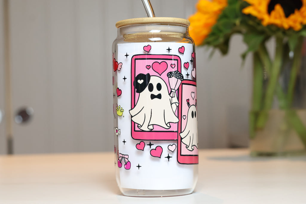 Pink Ghost Tarot Card Glass Tumbler | Cute Pastel Halloween Drinkware