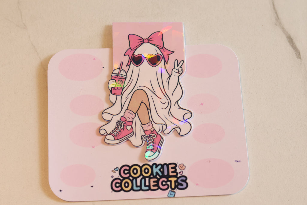 Holographic Coquette Ghost Magnetic Bookmark | Kawaii Pink Planner Clip