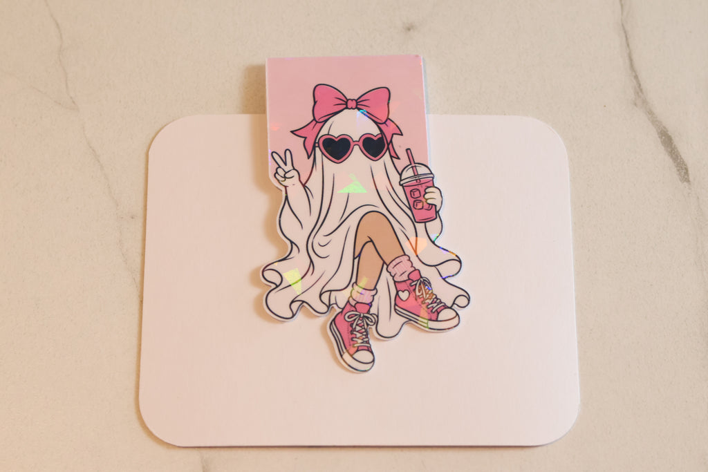 Holographic Coquette Ghost Magnetic Bookmark | Kawaii Pink Planner Clip