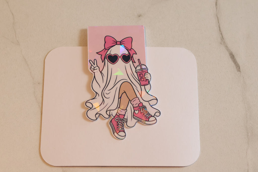 Holographic Coquette Ghost Magnetic Bookmark | Kawaii Pink Planner Clip