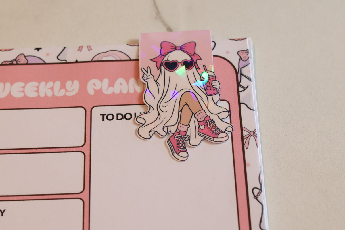 Holographic Coquette Ghost Magnetic Bookmark | Kawaii Pink Planner Clip