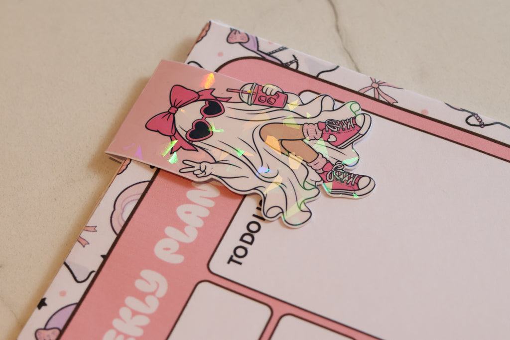 Holographic Coquette Ghost Magnetic Bookmark | Kawaii Pink Planner Clip