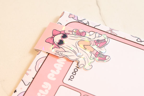 Holographic Coquette Ghost Magnetic Bookmark | Kawaii Pink Planner Clip