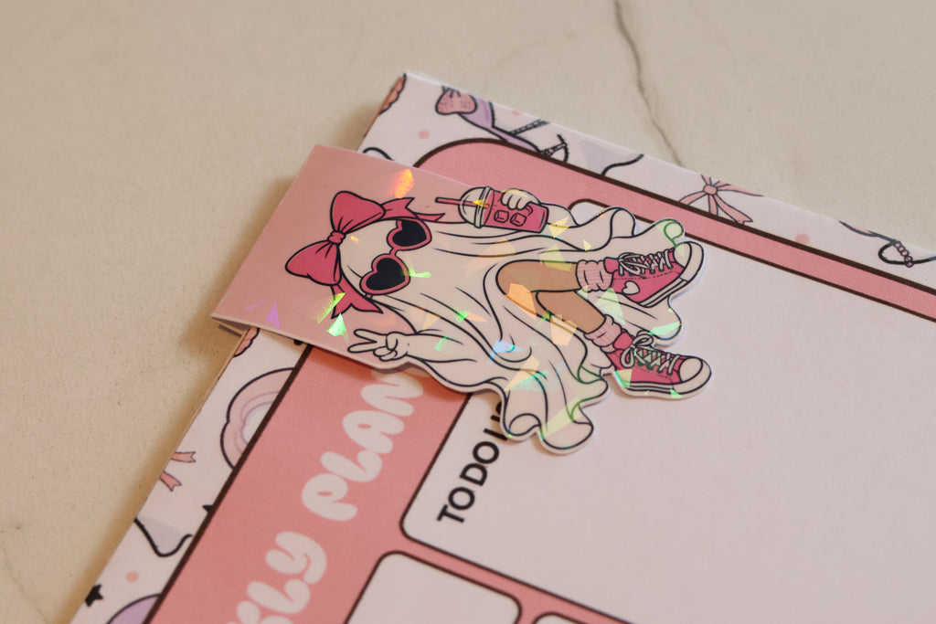 Holographic Coquette Ghost Magnetic Bookmark | Kawaii Pink Planner Clip
