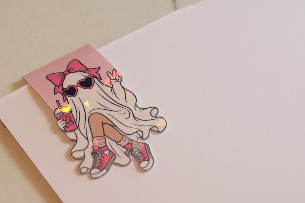 Holographic Coquette Ghost Magnetic Bookmark | Kawaii Pink Planner Clip