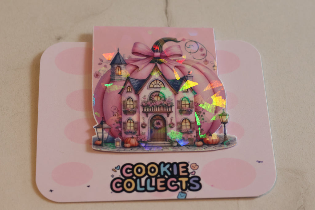 Holographic Pink Pumpkin House Magnetic Bookmark | Coquette Autumn Planner Clip