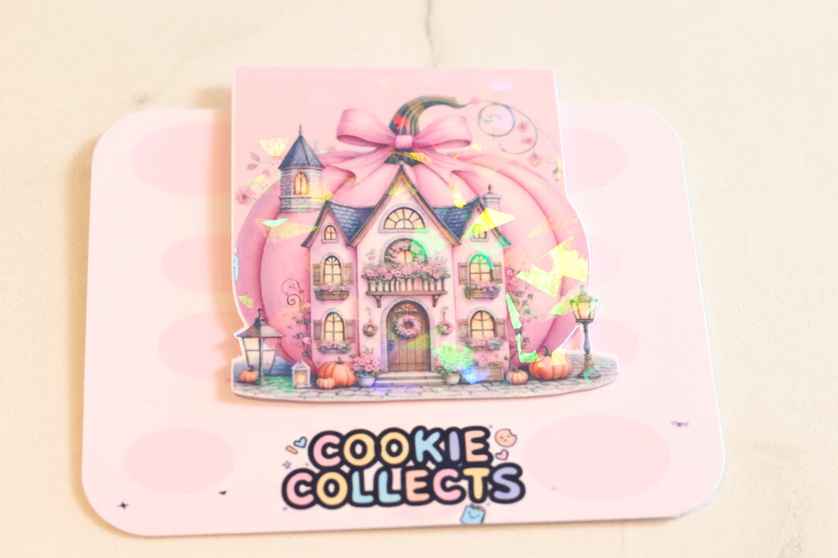 Holographic Pink Pumpkin House Magnetic Bookmark | Coquette Autumn Planner Clip