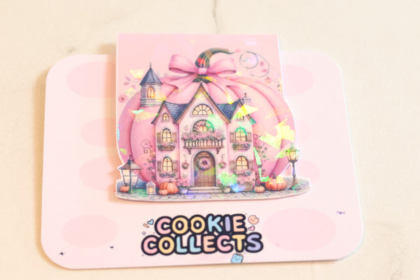 Holographic Pink Pumpkin House Magnetic Bookmark | Coquette Autumn Planner Clip