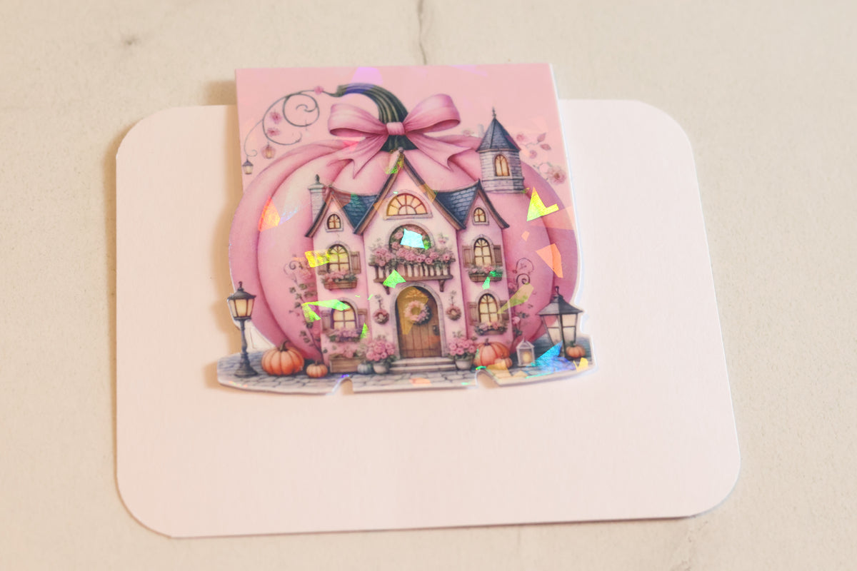 Holographic Pink Pumpkin House Magnetic Bookmark | Coquette Autumn Planner Clip