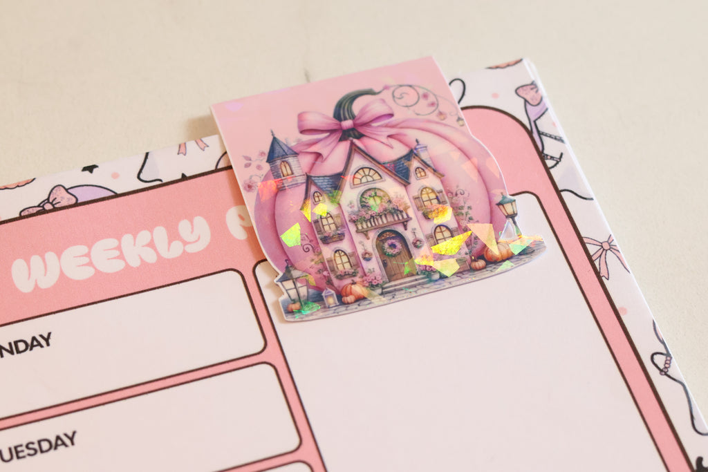 Holographic Pink Pumpkin House Magnetic Bookmark | Coquette Autumn Planner Clip