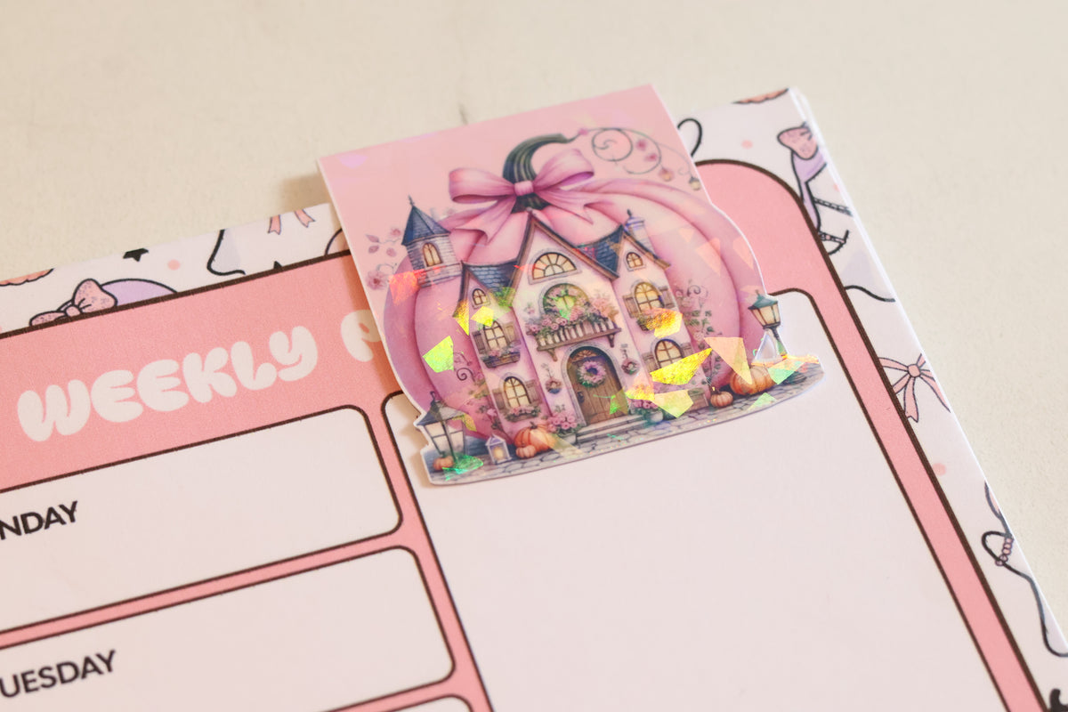 Holographic Pink Pumpkin House Magnetic Bookmark | Coquette Autumn Planner Clip
