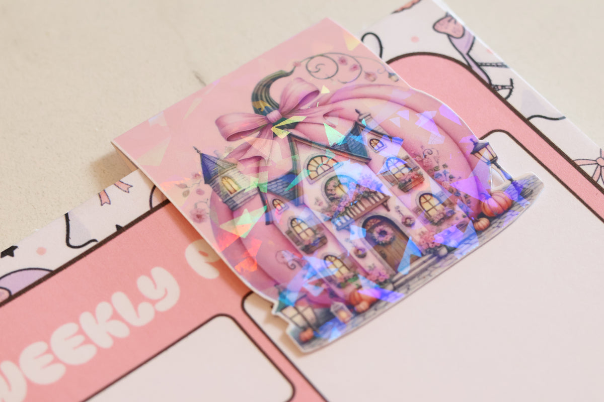 Holographic Pink Pumpkin House Magnetic Bookmark | Coquette Autumn Planner Clip