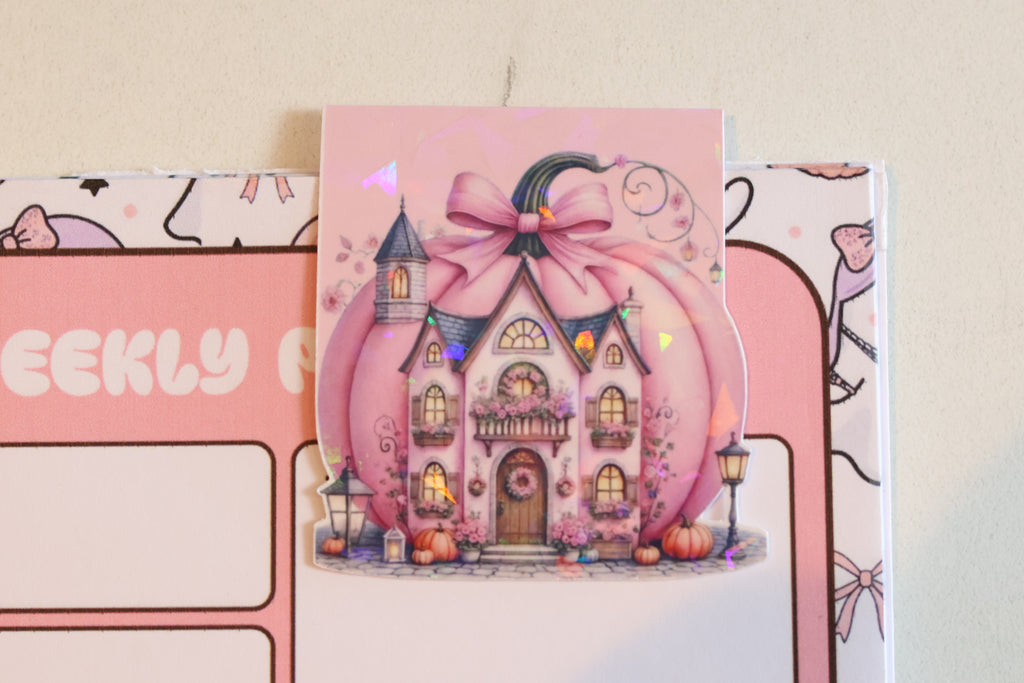 Holographic Pink Pumpkin House Magnetic Bookmark | Coquette Autumn Planner Clip