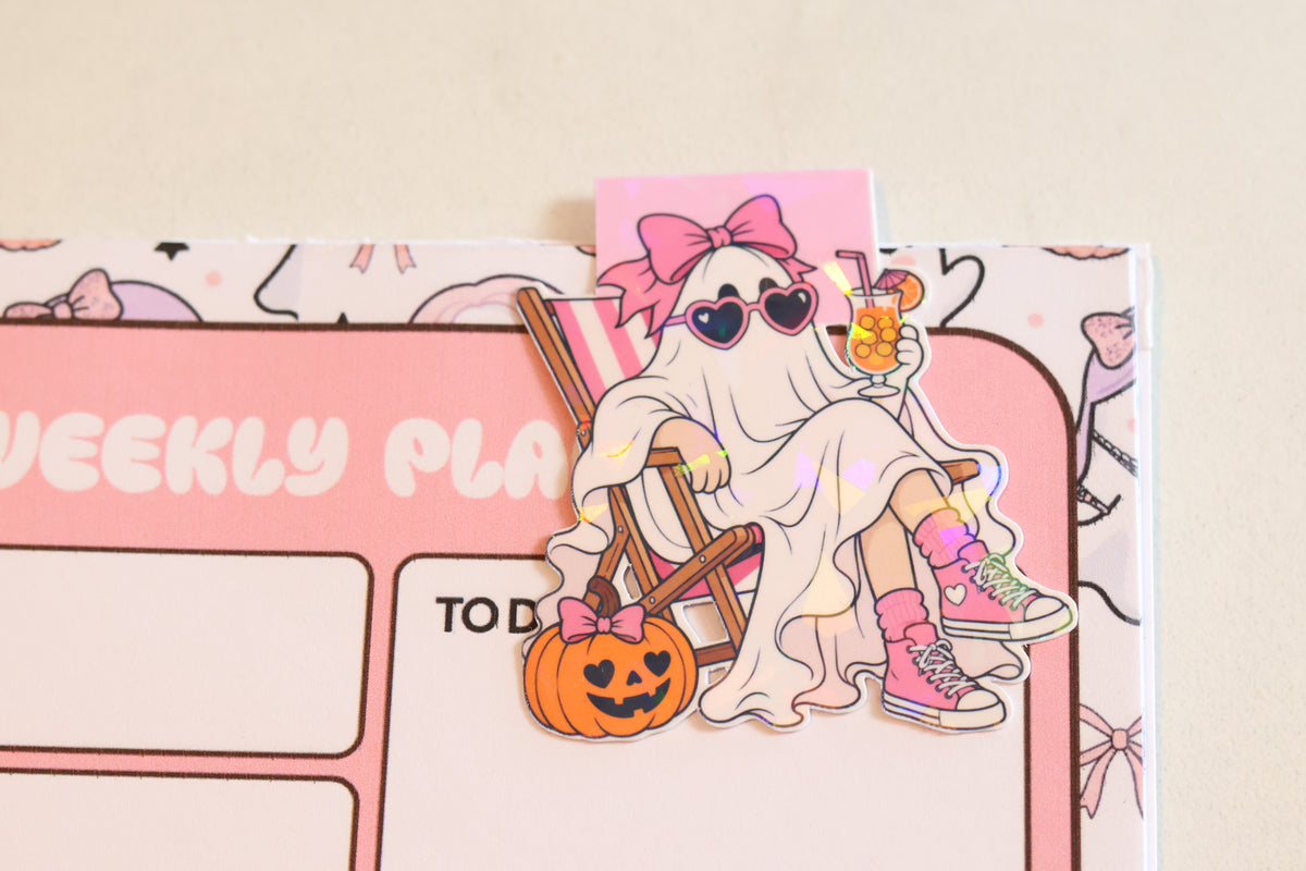Holographic Summerween Ghost Magnetic Bookmark | Coquette Beach Planner Clip