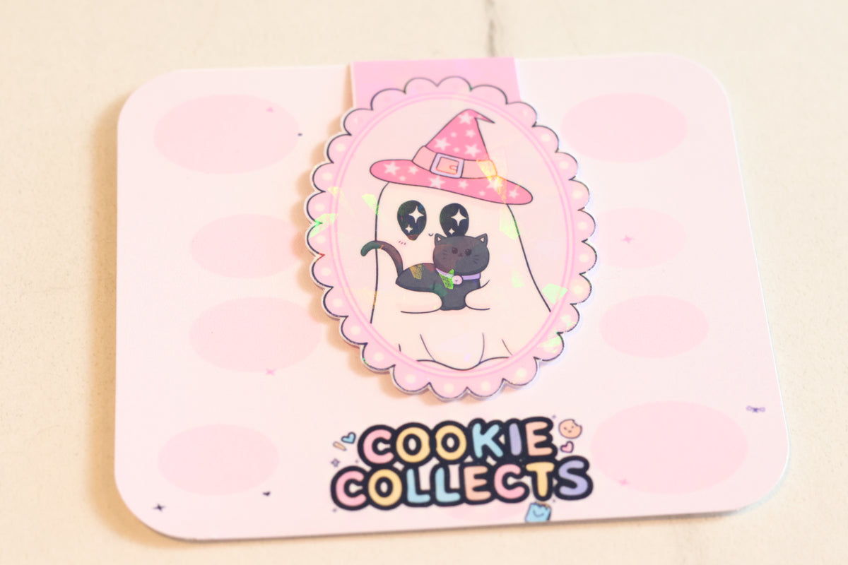 Holographic Witch Ghost & Black Cat Magnetic Bookmark | Kawaii Planner Clip
