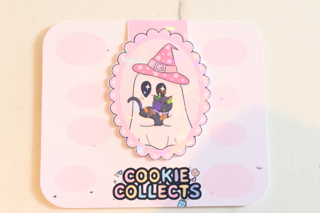 Holographic Witch Ghost & Black Cat Magnetic Bookmark | Kawaii Planner Clip
