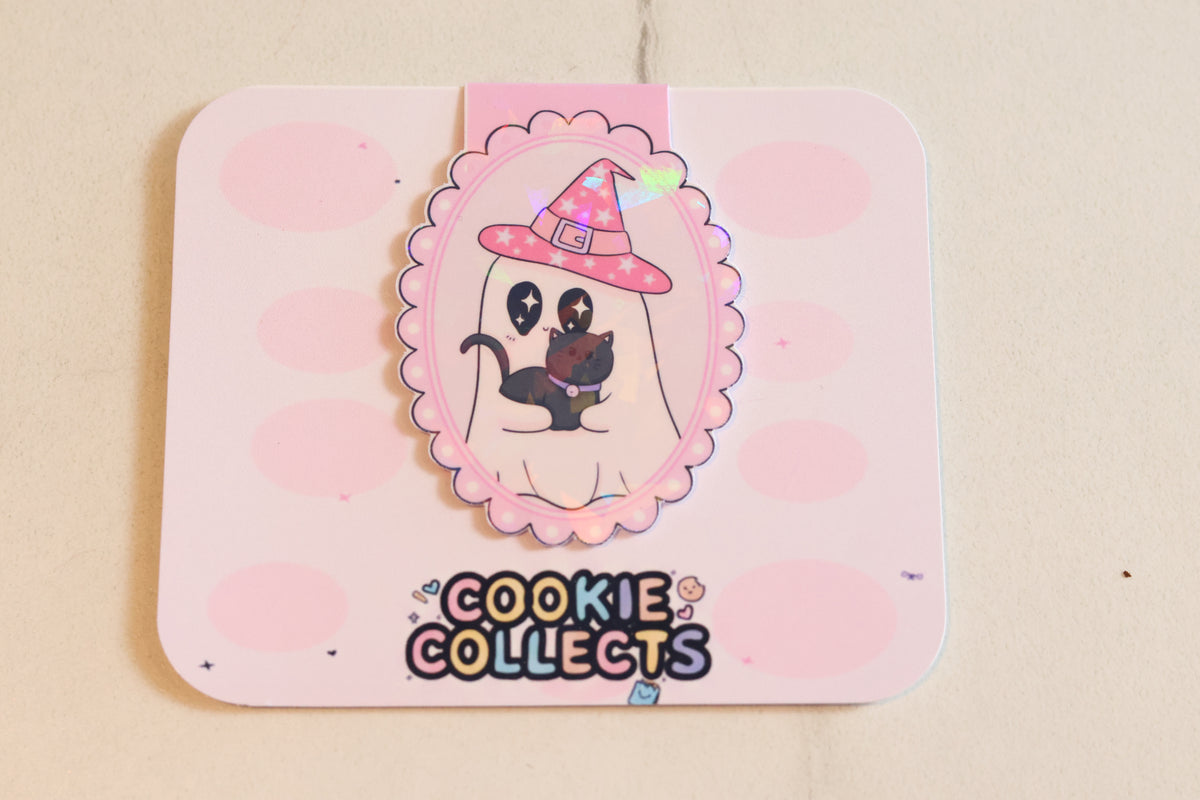 Holographic Witch Ghost & Black Cat Magnetic Bookmark | Kawaii Planner Clip