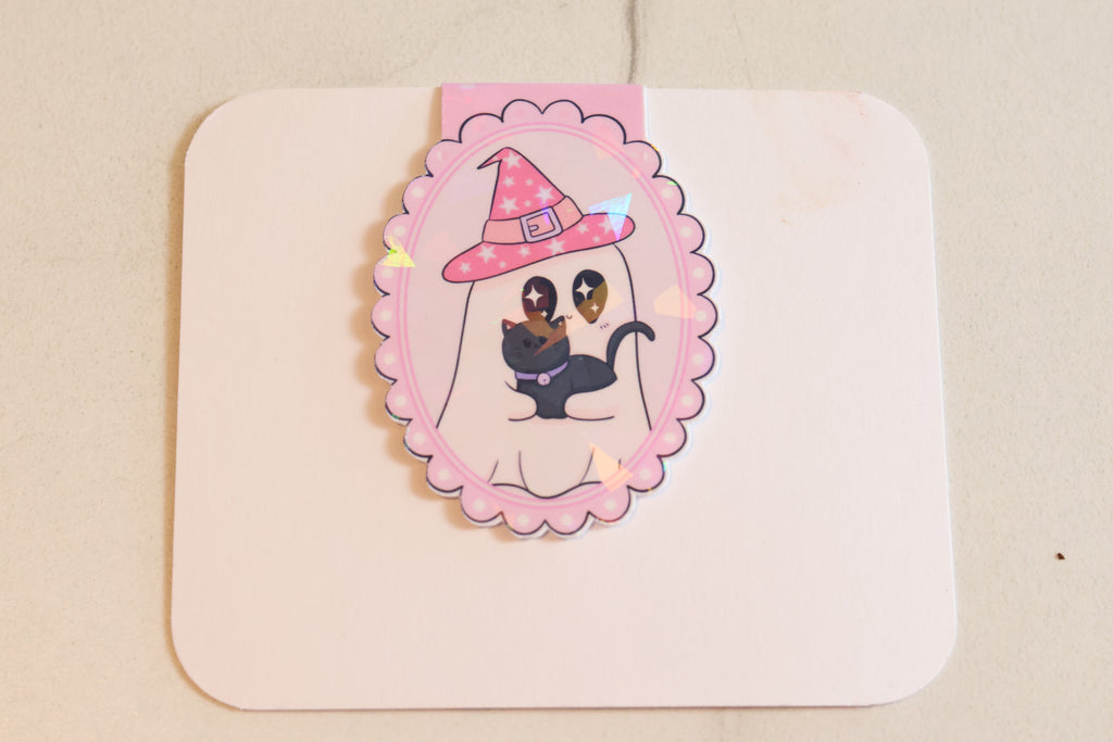 Holographic Witch Ghost & Black Cat Magnetic Bookmark | Kawaii Planner Clip