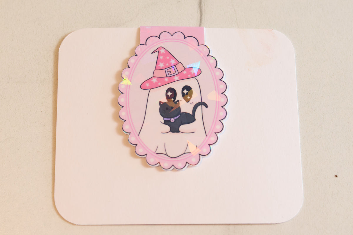 Holographic Witch Ghost & Black Cat Magnetic Bookmark | Kawaii Planner Clip